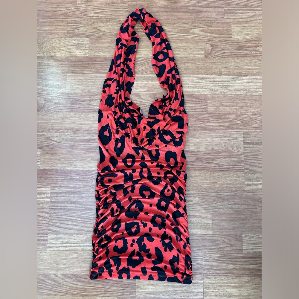 Symphony Red&Black Leopard Print Drape Front Halter Dress size Small - Picture 4 of 6
